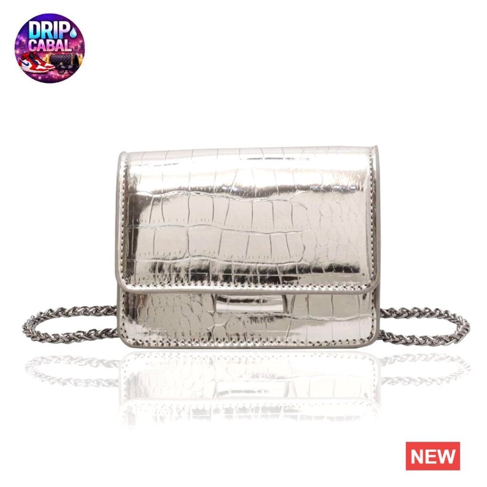 Y2K Mini Crossbody Bag Metallic Croc Embossed Faux Leather Chain Strap